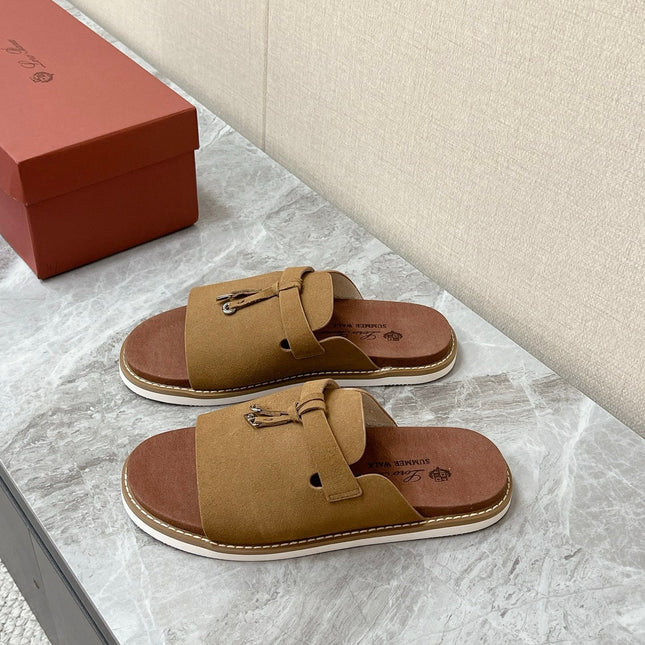 LP 26S LOCK CHARM SLIDES IN OLIVE BROWN SUEDE SILVER HARDWARE