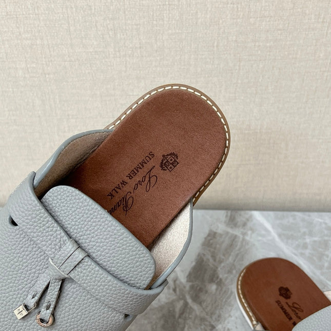 LP 26S LOCK CHARM SLIDES IN GREY CALFSKIN SILVER HARDWARE