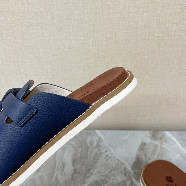 LP 26S LOCK CHARM SLIDES IN NAVY BLUE CALFSKIN SILVER HARDWARE