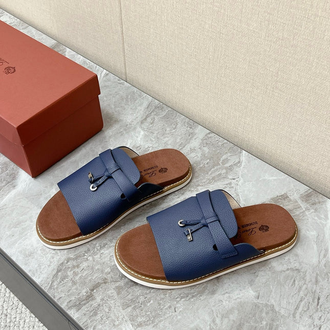LP 26S LOCK CHARM SLIDES IN NAVY BLUE CALFSKIN SILVER HARDWARE