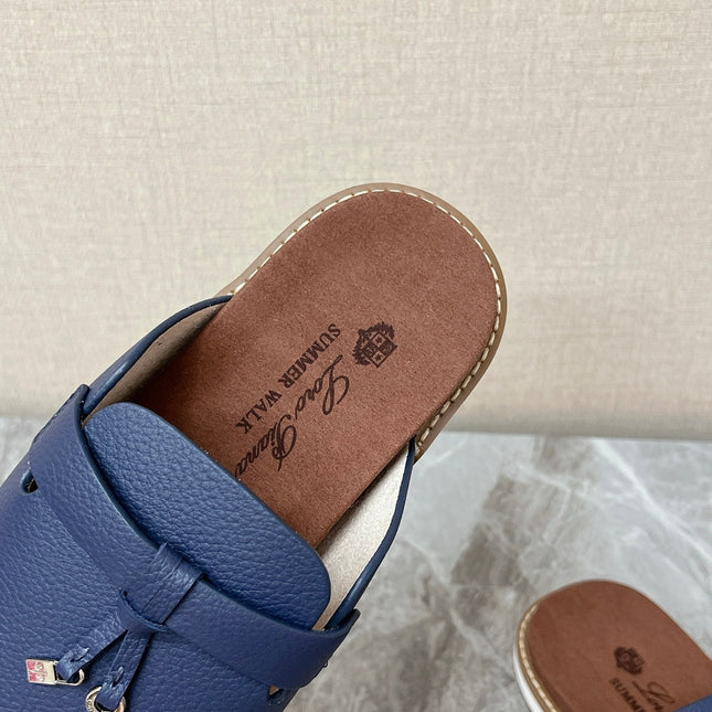 LP 26S LOCK CHARM SLIDES IN NAVY BLUE CALFSKIN SILVER HARDWARE