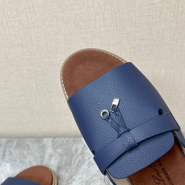 LP 26S LOCK CHARM SLIDES IN NAVY BLUE CALFSKIN SILVER HARDWARE