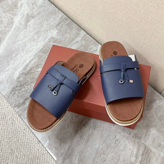 LP 26S LOCK CHARM SLIDES IN NAVY BLUE CALFSKIN SILVER HARDWARE