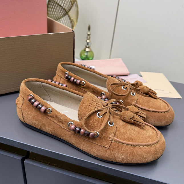MIUMIU 26S TASSEL LOAFERS IN CARAMEL BROWN SUEDE BEADED TRIM
