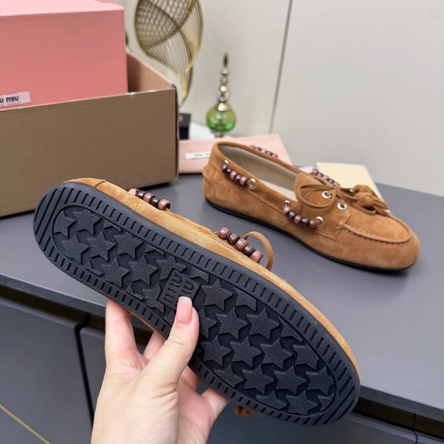 MIUMIU 26S TASSEL LOAFERS IN CARAMEL BROWN SUEDE BEADED TRIM