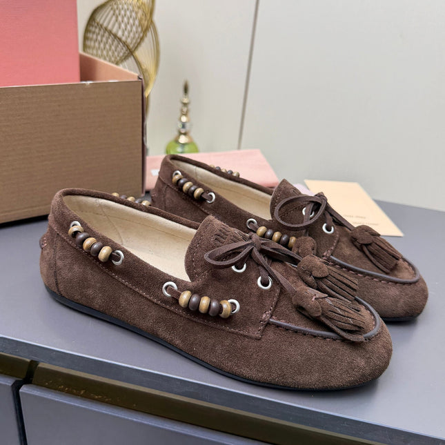 MIUMIU 26S TASSEL LOAFERS IN DARK BROWN SUEDE BEADED TRIM