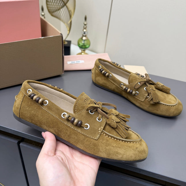 MIUMIU 26S TASSEL LOAFERS IN OLIVE BROWN SUEDE BEADED TRIM