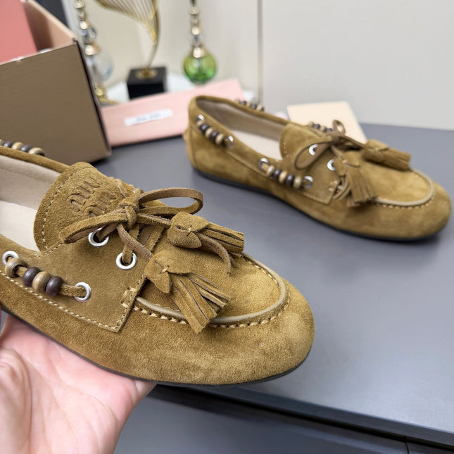 MIUMIU 26S TASSEL LOAFERS IN OLIVE BROWN SUEDE BEADED TRIM