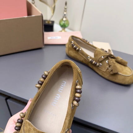 MIUMIU 26S TASSEL LOAFERS IN OLIVE BROWN SUEDE BEADED TRIM