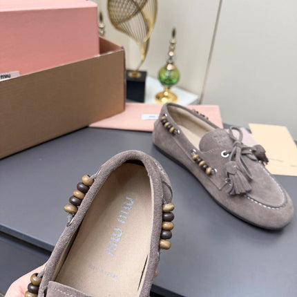 MIUMIU 26S TASSEL LOAFERS IN TAUPE BROWN SUEDE BEADED TRIM