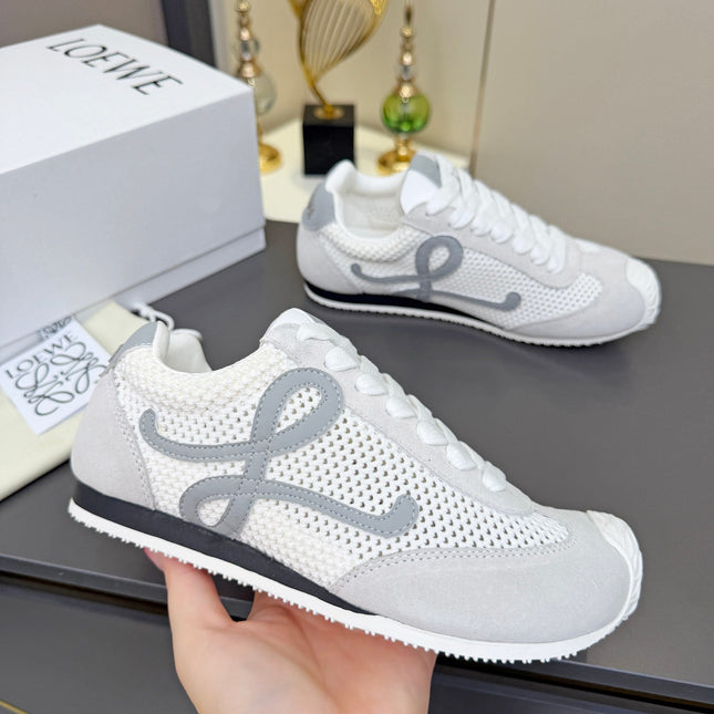 LOEWE 26S RUNNER 2.0 SNEAKERS IN LIGHT GREY SUEDE AND WHITE MESH FABRIC