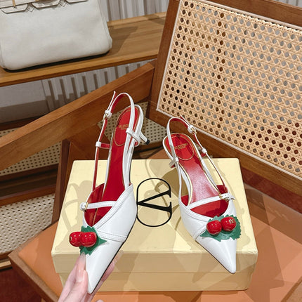 VALENTINO 26S SLINGBACKS 45 MM IN WHITE CALFSKIN CHERRY DETAILS