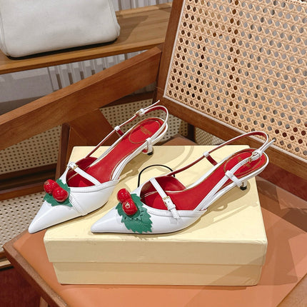 VALENTINO 26S SLINGBACKS 45 MM IN WHITE CALFSKIN CHERRY DETAILS