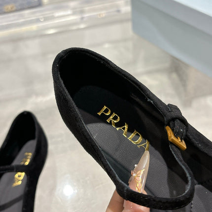 PRADA 25S MARY JANE BALLETS IN BLACK SUEDE