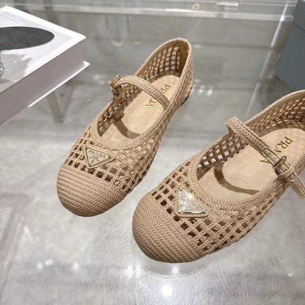 PRADA 26S LOGO PLAQUE MARY JANE FLATS IN NUDE BEIGE WOVEN FIBER