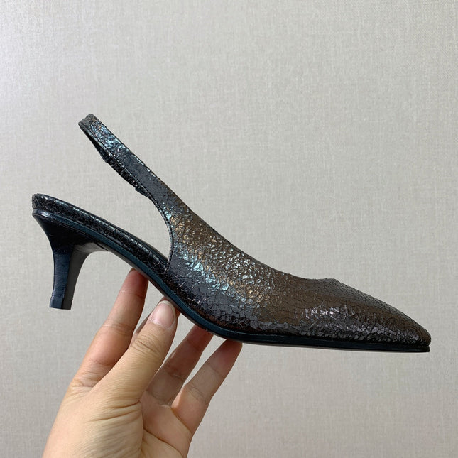 LP POINTED TOE MID-HEEL SLINGBACK DARK BROWN CALFSKIN