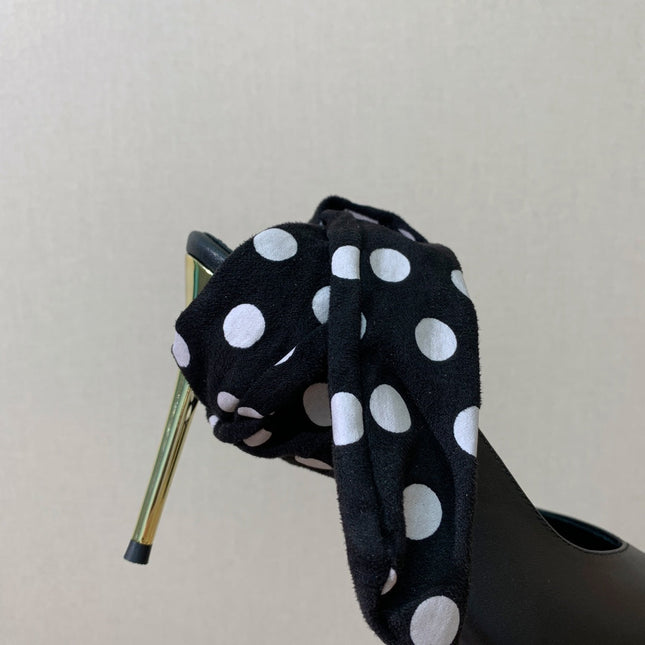 BALMAIN 25S BAKARI MULE WITH MONOCHROME POLKA DOT STRAP 95MM IN BLACK CALFSKIN
