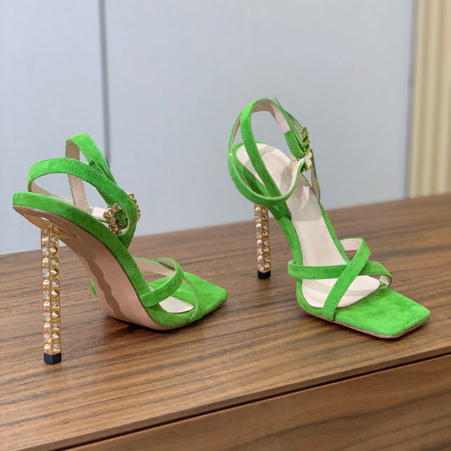 GIANVITO ROSSI 26S CRYSTAL HEELS 105 MM IN GREEN SUEDE