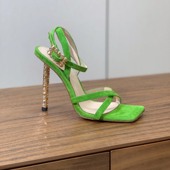 GIANVITO ROSSI 26S CRYSTAL HEELS 105 MM IN GREEN SUEDE