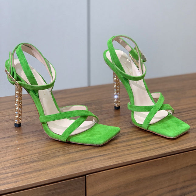 GIANVITO ROSSI 26S CRYSTAL HEELS 105 MM IN GREEN SUEDE