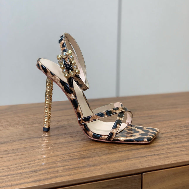GIANVITO ROSSI 26S CRYSTAL HEELS 105 MM IN LEOPARD PRINT PATENT LAMBSKIN