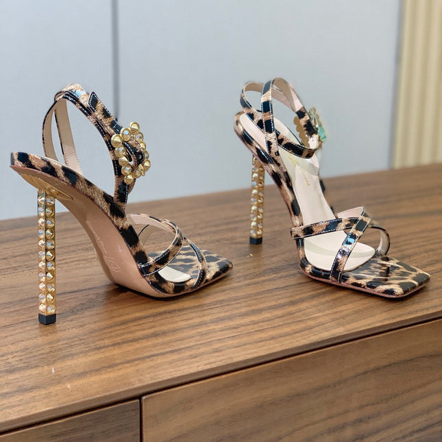 GIANVITO ROSSI 26S CRYSTAL HEELS 105 MM IN LEOPARD PRINT PATENT LAMBSKIN