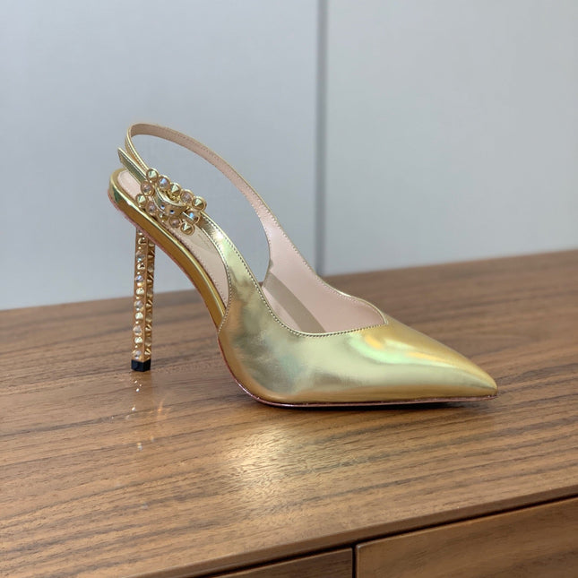 GIANVITO ROSSI 26S SLINGBACK HEELS 105 MM IN GOLD PATENT LAMBSKIN