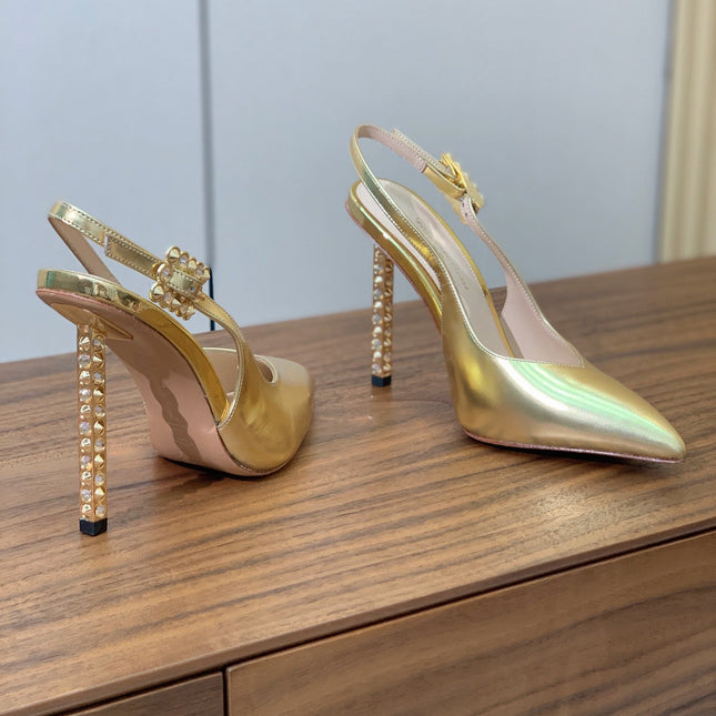 GIANVITO ROSSI 26S SLINGBACK HEELS 105 MM IN GOLD PATENT LAMBSKIN