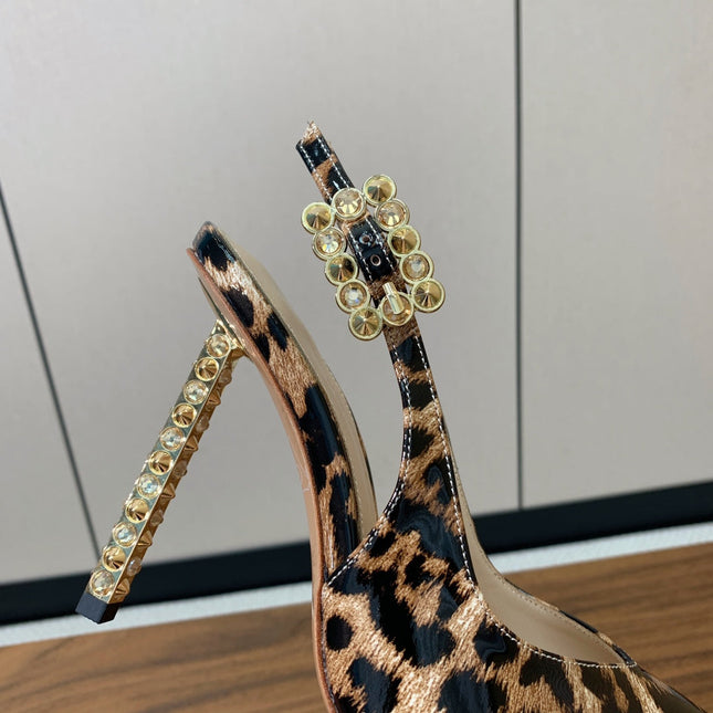 GIANVITO ROSSI 26S SLINGBACK HEELS 105 MM IN LEOPARD PRINT PATENT LAMBSKIN