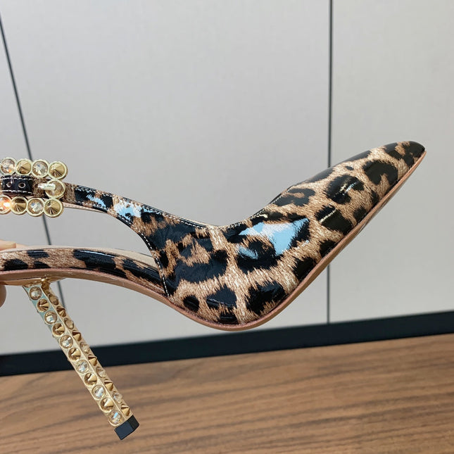 GIANVITO ROSSI 26S SLINGBACK HEELS 105 MM IN LEOPARD PRINT PATENT LAMBSKIN