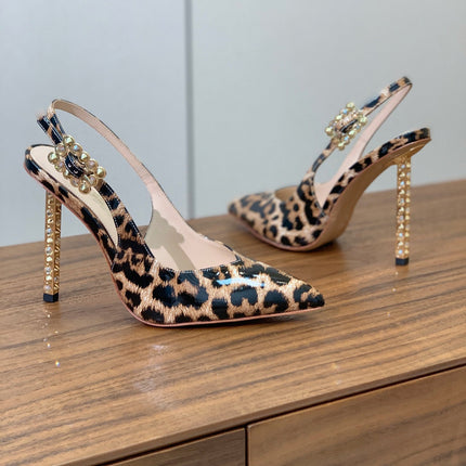 GIANVITO ROSSI 26S SLINGBACK HEELS 105 MM IN LEOPARD PRINT PATENT LAMBSKIN