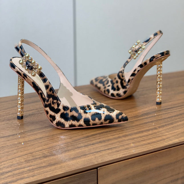GIANVITO ROSSI 26S SLINGBACK HEELS 105 MM IN LEOPARD PRINT PATENT LAMBSKIN