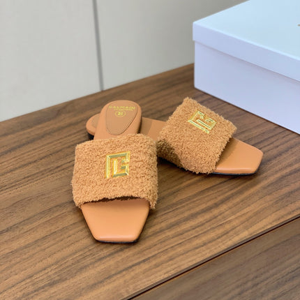BALMAIN 26S SANDALS IN CAMEL BROWN WOOL AND CALFSKIN