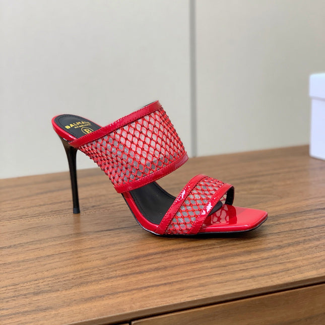 BALMAIN 26S HEEL SANDALS 95 MM IN RED MESH FABRIC WITH CRYSTAL EMBELLISHMENT