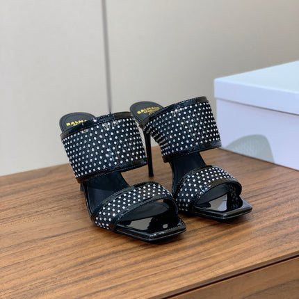 BALMAIN 26S HEEL SANDALS 95 MM IN BLACK MESH FABRIC WITH CRYSTAL EMBELLISHMENT