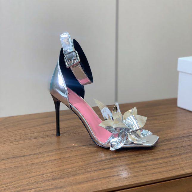 BALMAIN 25S RUBY SILVER HEELED SANDALS 95MM IN PATENT CALFSKIN