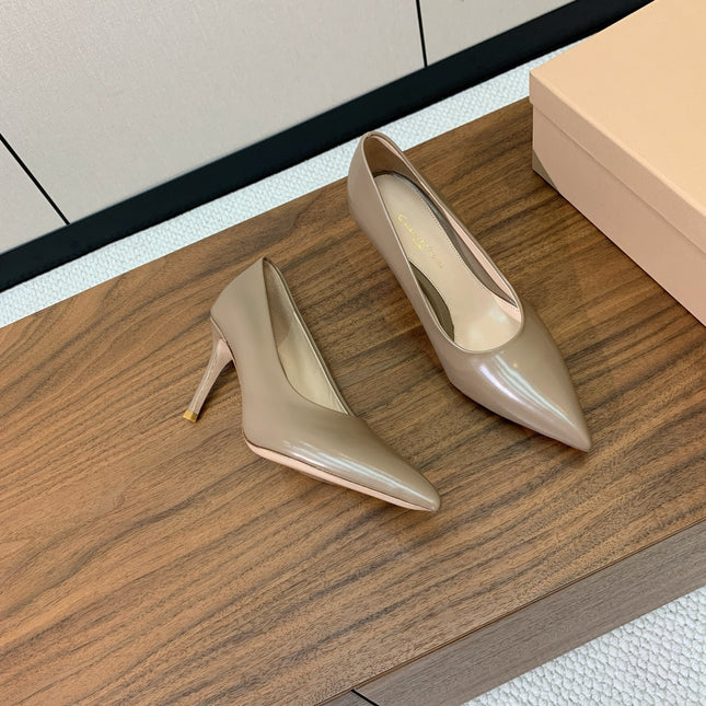 GIANVITO ROSSI 26S STILETTO PUMPS 95 MM IN STONE BROWN PATENT CALFSKIN