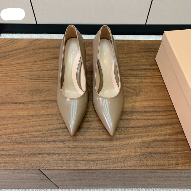 GIANVITO ROSSI 26S STILETTO PUMPS 95 MM IN STONE BROWN PATENT CALFSKIN