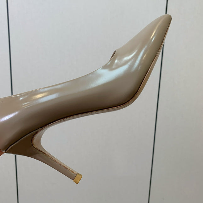 GIANVITO ROSSI 26S STILETTO PUMPS 95 MM IN STONE BROWN PATENT CALFSKIN