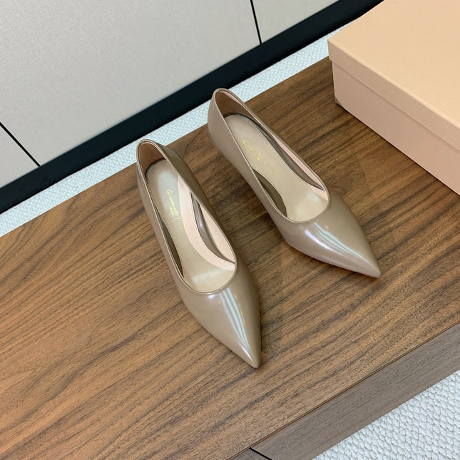 GIANVITO ROSSI 26S STILETTO PUMPS 95 MM IN STONE BROWN PATENT CALFSKIN