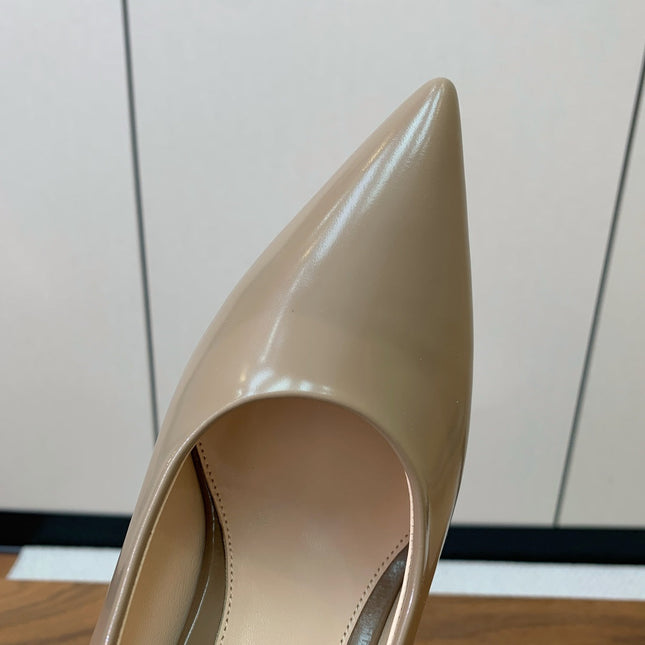 GIANVITO ROSSI 26S STILETTO PUMPS 95 MM IN STONE BROWN PATENT CALFSKIN