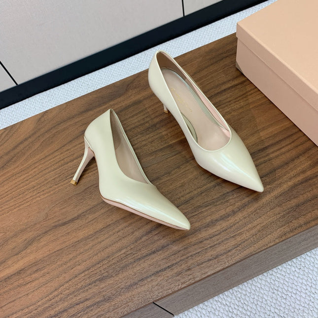 GIANVITO ROSSI 26S STILETTO PUMPS 95 MM IN BEIGE PATENT CALFSKIN