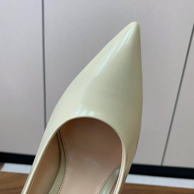 GIANVITO ROSSI 26S STILETTO PUMPS 95 MM IN BEIGE PATENT CALFSKIN