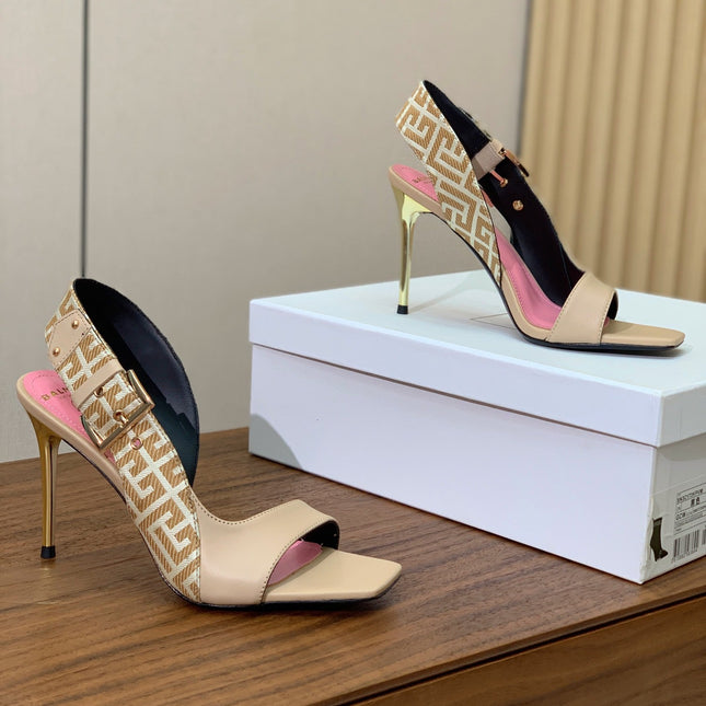 BALMAIN 25S JACQUARD KNIT SLINGBACK PUMPS 95MM IN BEIGE GRAY AND PINK CALFSKIN