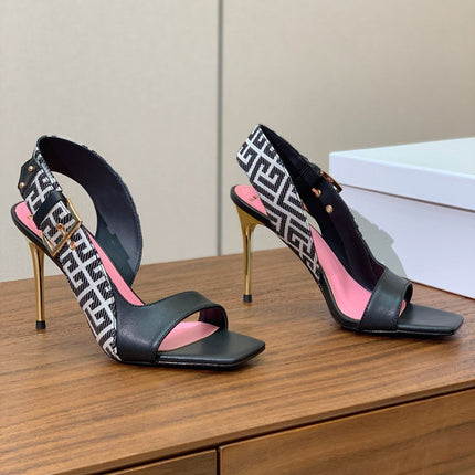 BALMAIN 25S JACQUARD KNIT SLINGBACK PUMPS 95MM IN BLACK AND PINK CALFSKIN