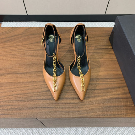 BALMAIN 26S CHAIN HIGH HEELS 95 MM IN LIGHT BROWN CALFSKIN