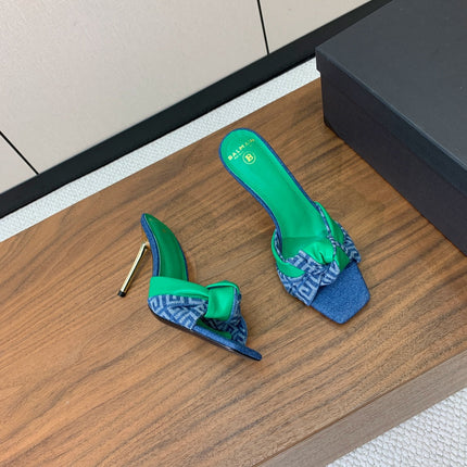 BALMAIN 25S HIGH HEEL MULES 95MM IN EMERALD GREEN DENIM AND CALFSKIN