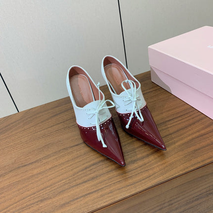 ALAIA 26S LACE-UP HEELED 105 MM IN DARK RED AND WHITE GLOSSY CALFSKIN