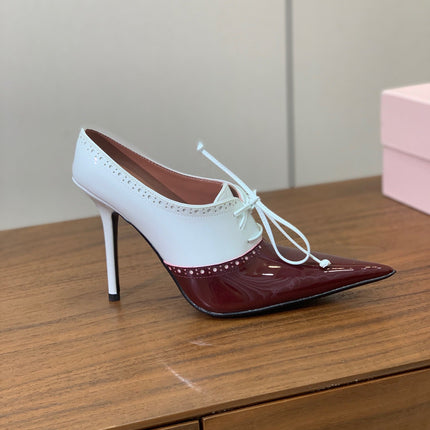 ALAIA 26S LACE-UP HEELED 105 MM IN DARK RED AND WHITE GLOSSY CALFSKIN