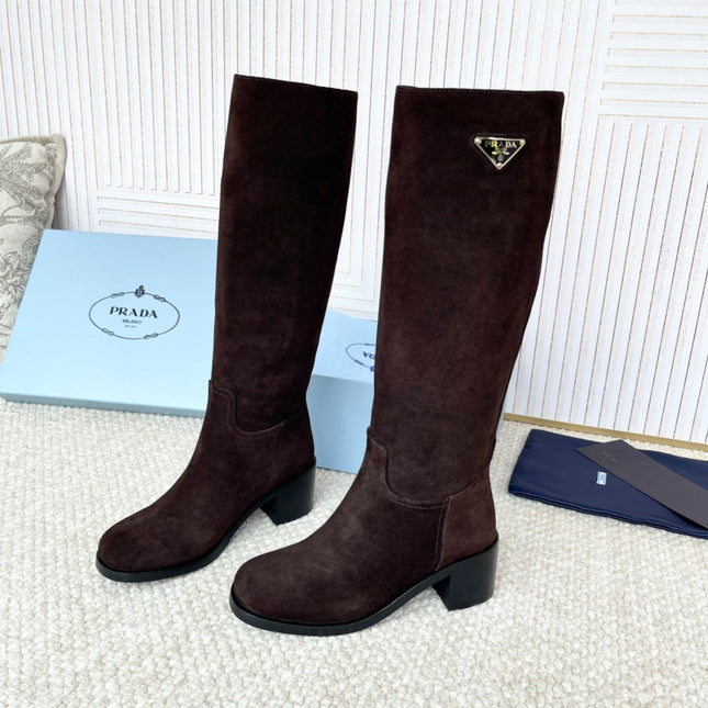 PRADA 25S HIGH-CUT BOOTS 55 MM IN DARK BROWN SUEDE
